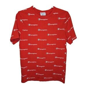 Vintage Champion Reverse Weave All Over Print Short Sleeve T Shirt Red Mens S